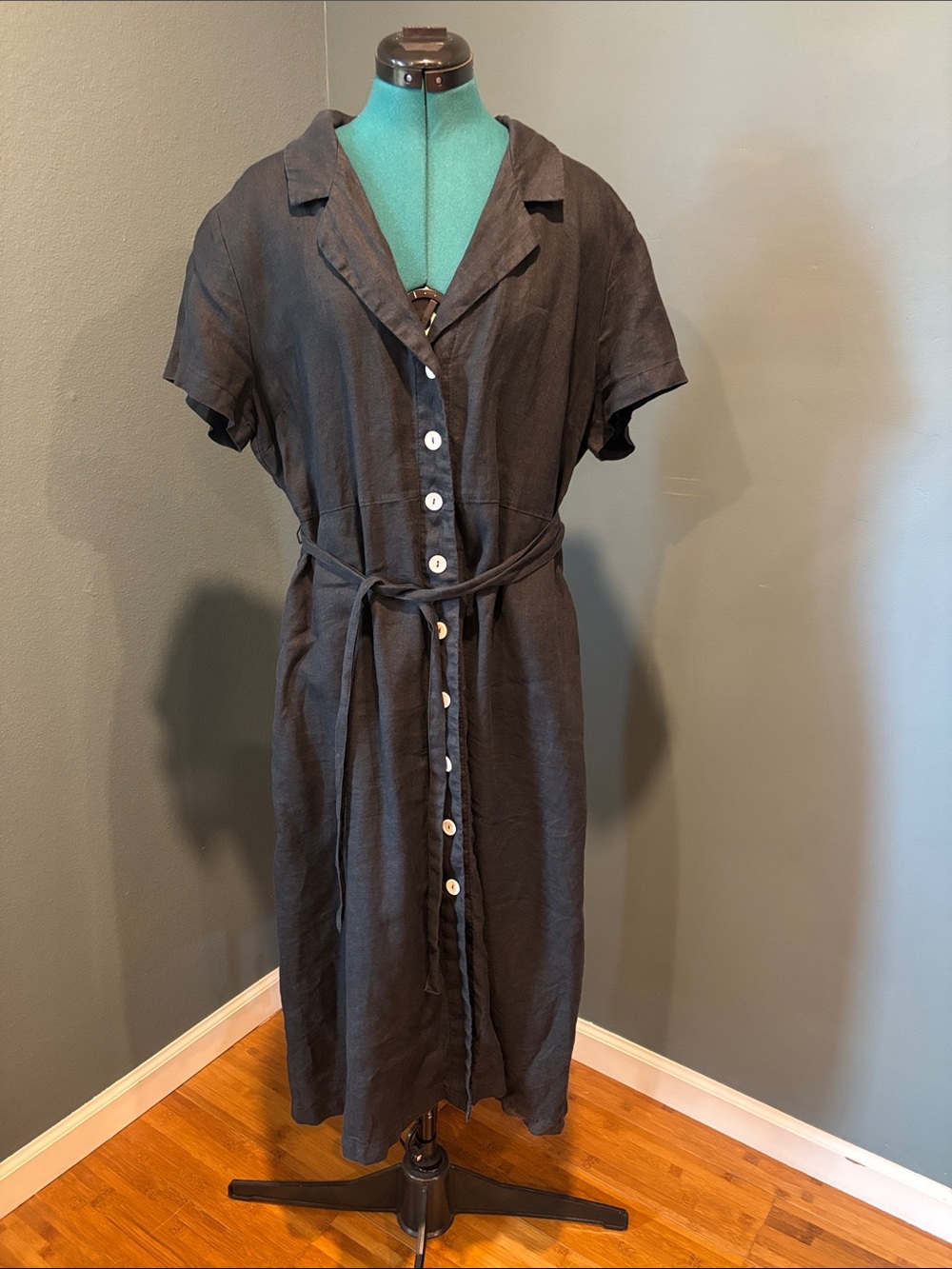 Quince Black Linen Button-Front Midi Dress with Tie